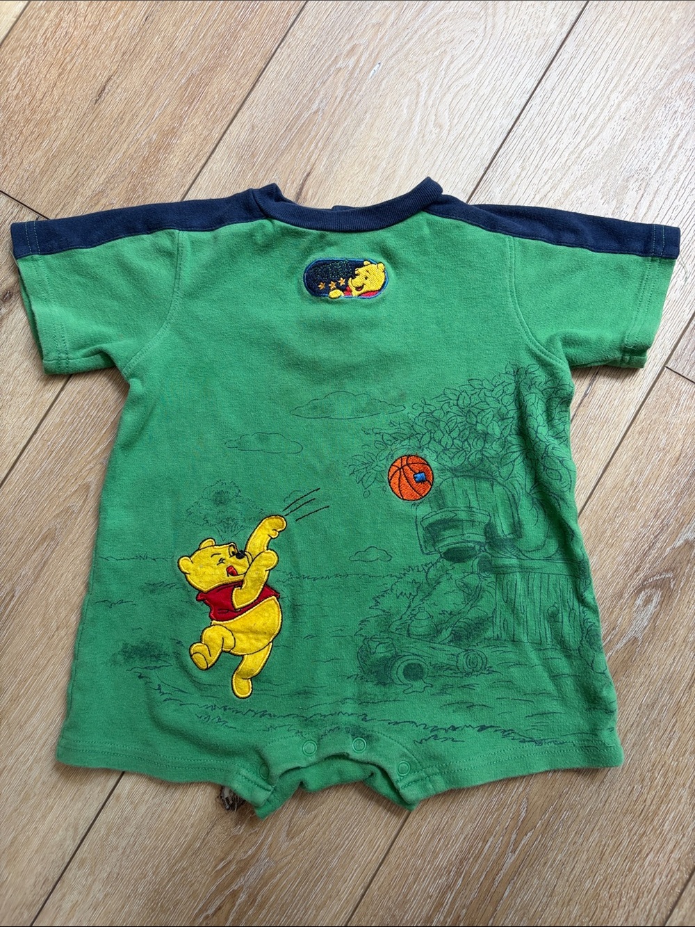 Vintage Disney Winnie Pooh Basketball Romper 24M Green Shortall Cotton